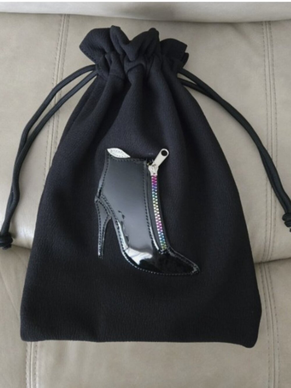 Simon Chang Black Drawstring Dust bag with Black Patent Shoe Applique Accent